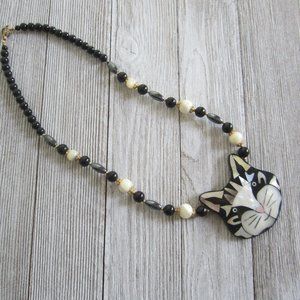 Black Cat Black and White Beaded Necklace